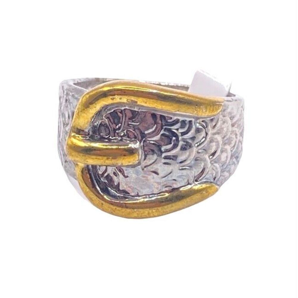 Trendy Gold and Silver Mixed Metal Two Tone Belt Buckle Textured Ring Size 9